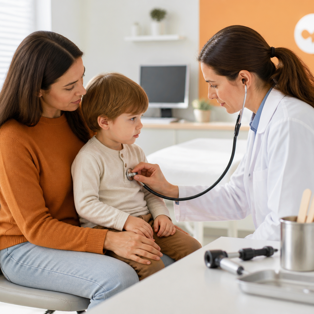 A clinician listens with a stethoscope during a pediatric exam while a parent holds their child in a calm clinic setting with warm orange accents.