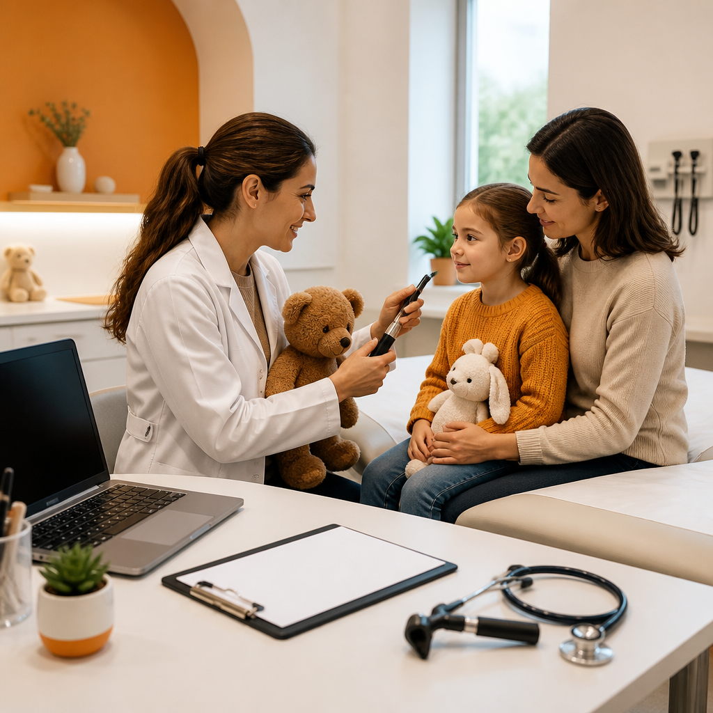 A pediatric clinician and parent prepare for a cold and flu exam in a modern clinic room with medical tools on a desk and no visible text.