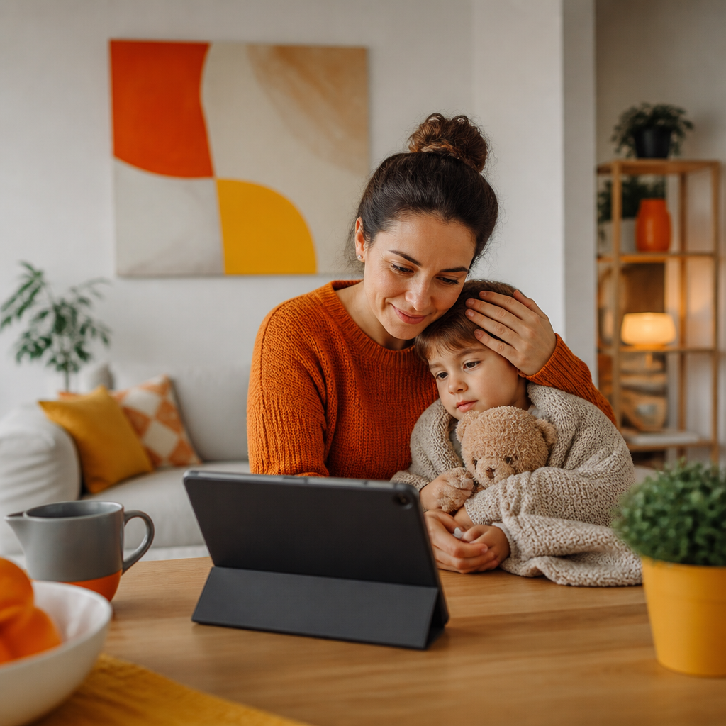 A parent at a kitchen table preparing a tablet for a pediatric telemedicine video visit in a bright, warm home environment.
