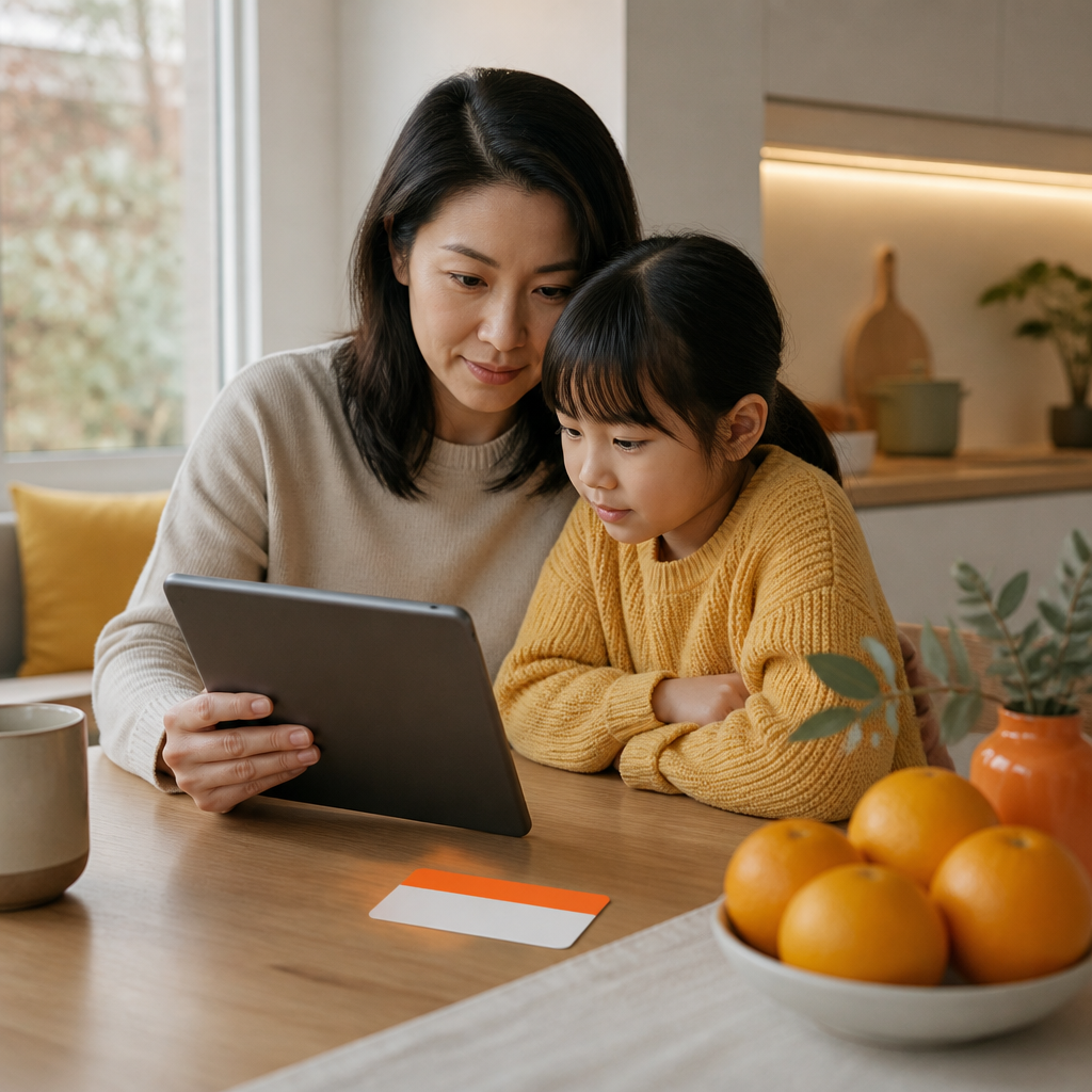 A parent reviewing pediatric telemedicine care information on a tablet beside an unlabeled insurance card with no readable details.