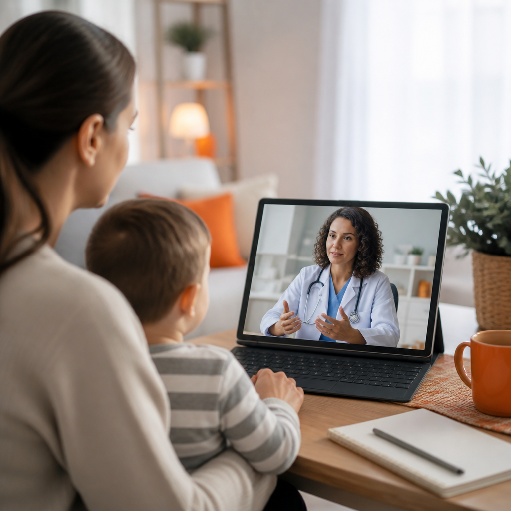 A remote pediatric clinician video visit scene with a parent on a device and a focused, supportive clinical interaction.