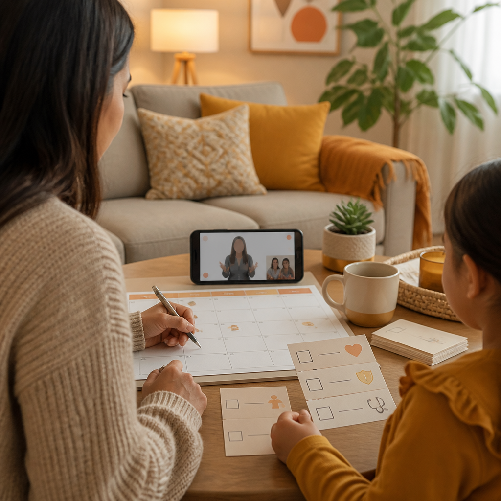 A family reviewing a non-readable checklist and calendar metaphor near a smartphone in warm orange and gold tones