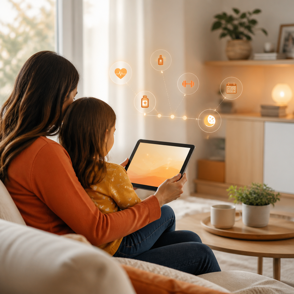 A parent using a tablet at home with abstract, non-readable care planning icons in warm orange and soft gold tones