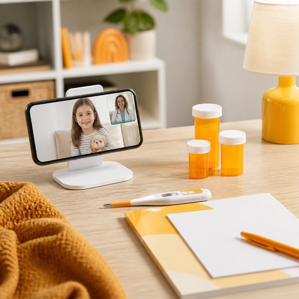 An organized tabletop setup for a pediatric virtual visit with a smartphone and thermometer, styled in orange and warm neutral tones