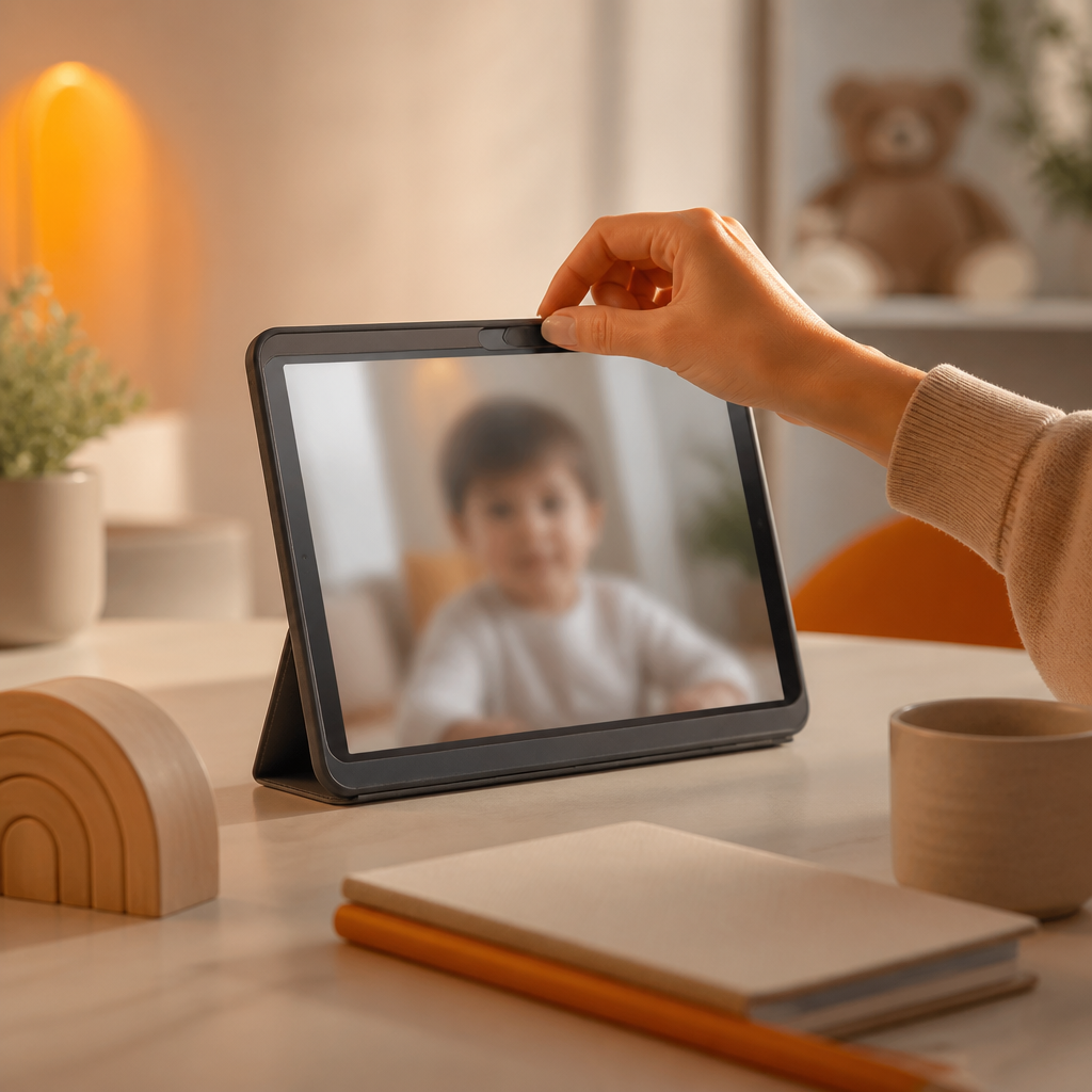 A parent adjusting privacy on a tablet for a text-free pediatric telemedicine video environment, shown with a calm, secure editorial look and warm orange and gold accents without any readable text.