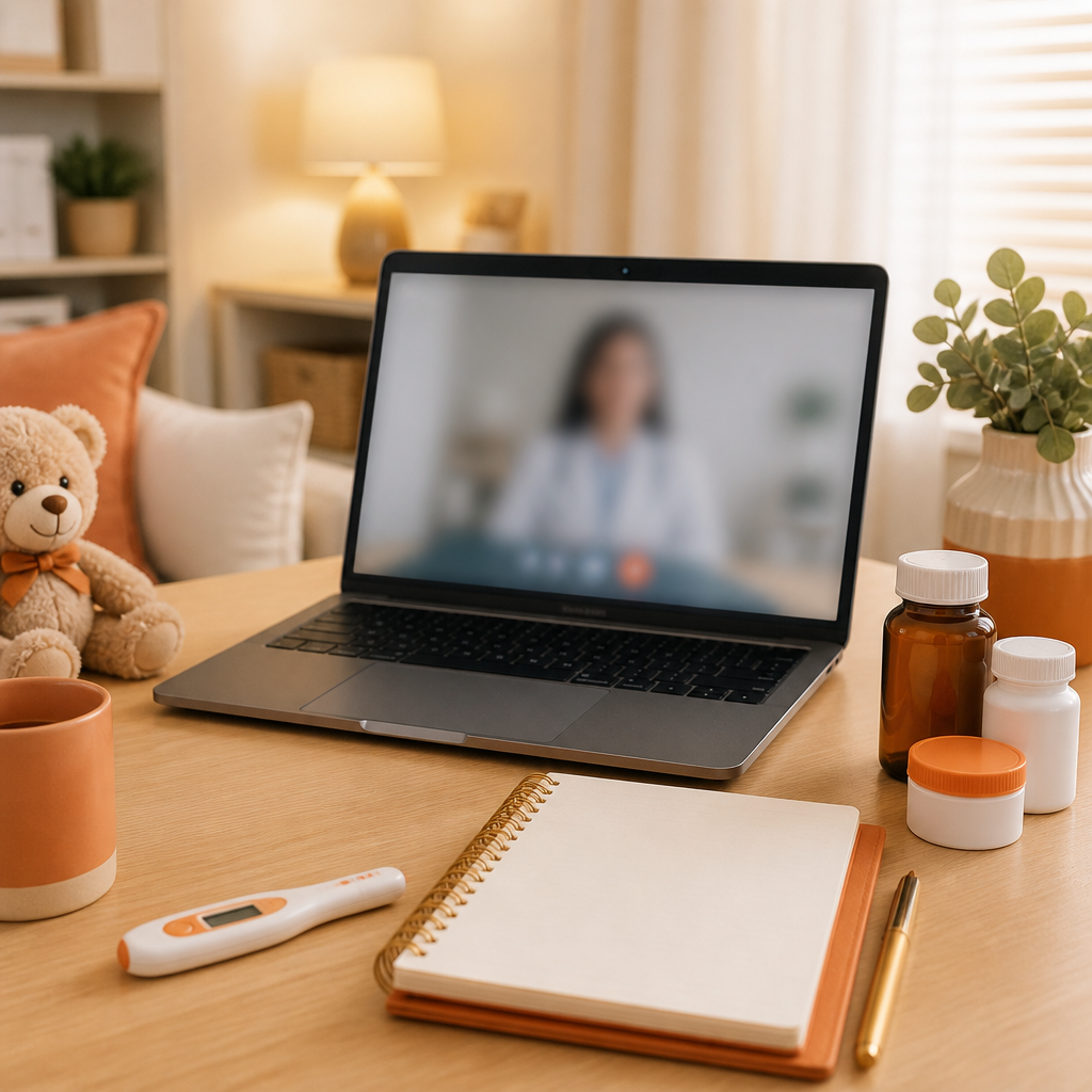 A tidy home workspace prepared for a pediatric telemedicine visit with a laptop for video, a thermometer, and medication items on a desk, styled with warm orange and gold accents and no readable text.