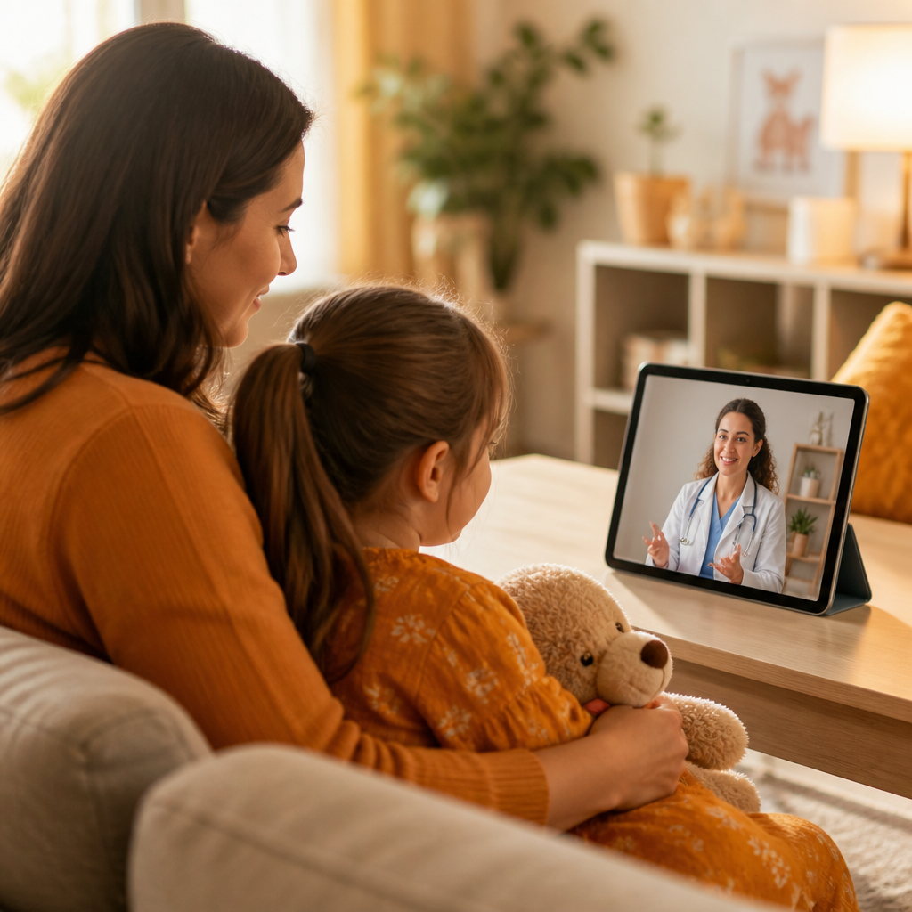 A parent and child sitting in a bright home environment while a clinician appears on a tablet screen for a pediatric telemedicine video visit, with warm orange and gold accents and no readable text.