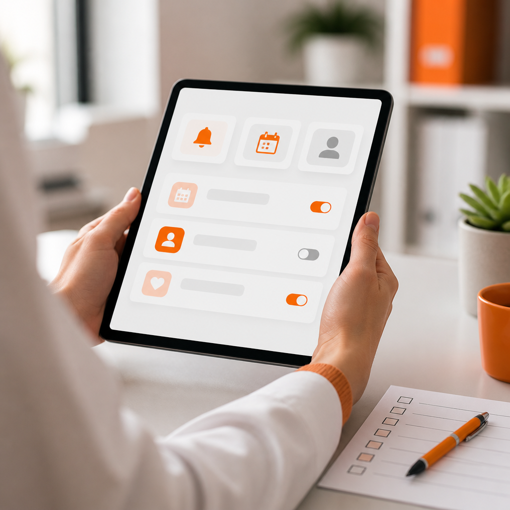 Caregiver hands viewing an abstract patient portal settings interface with icon-only tiles for reminders and appointments.