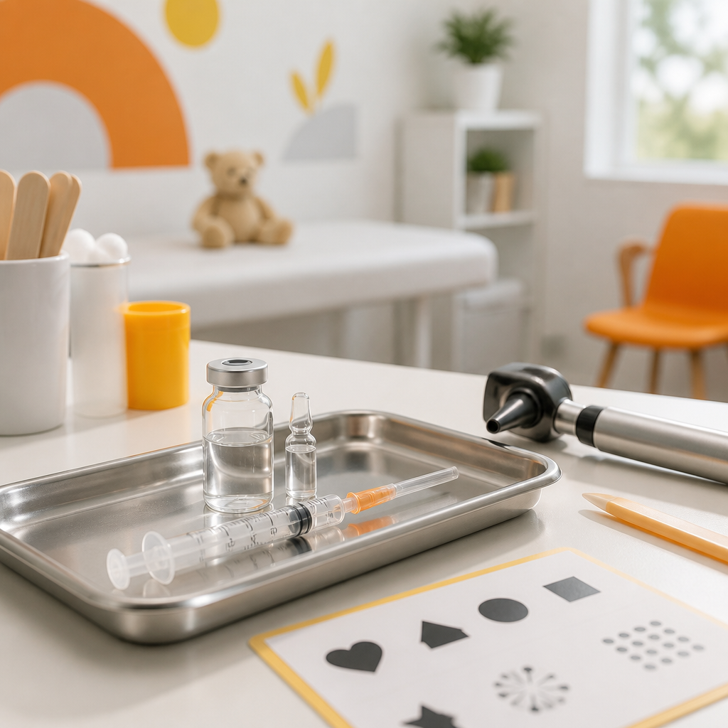 Sterile medical tray with vaccination preparation tools and abstract screening icons in a clean pediatric clinic setting.