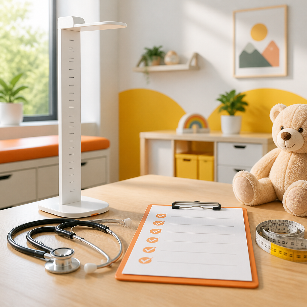 Bright pediatric exam room tabletop with a stethoscope and measuring tools arranged for a wellness visit, accented with warm orange light.