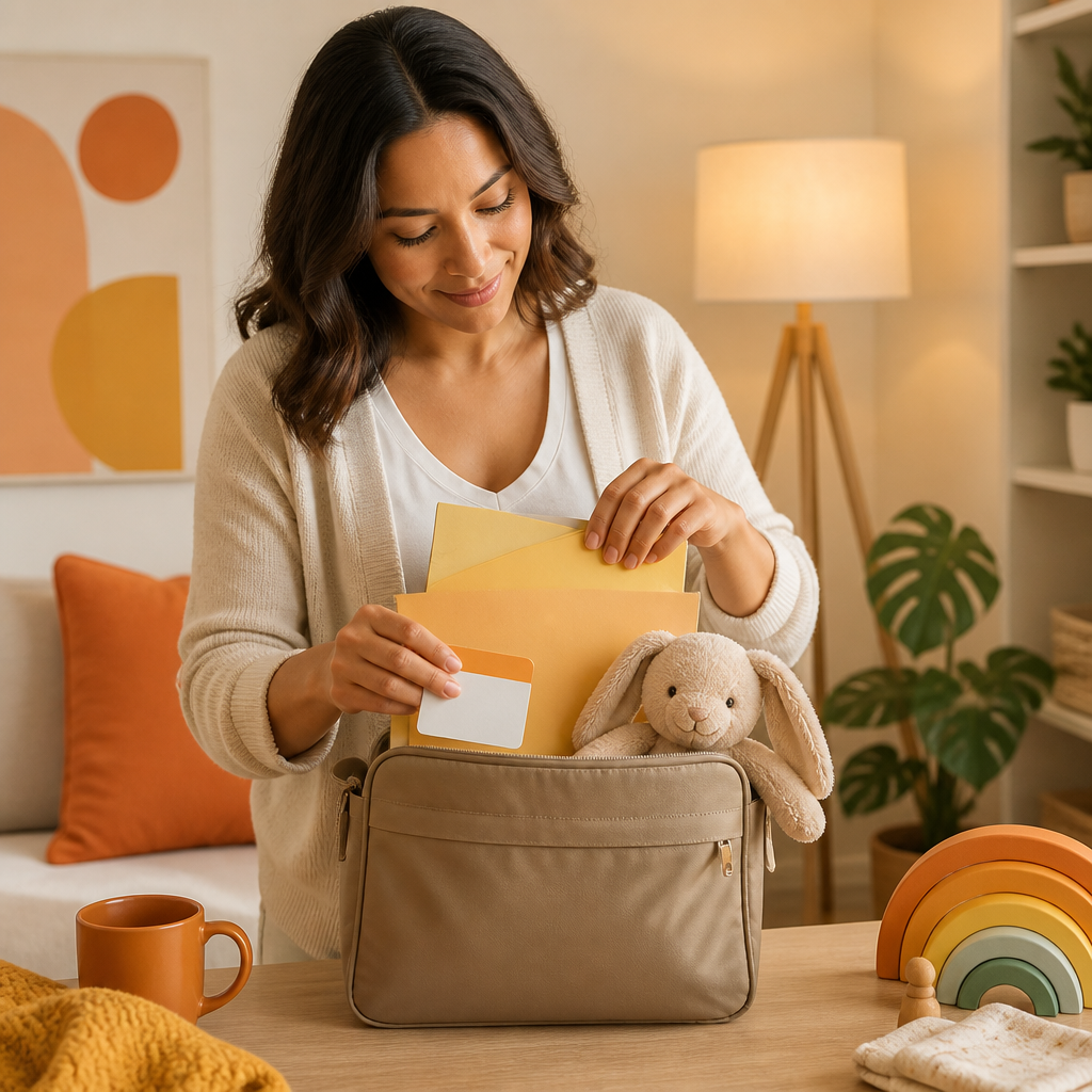 A warm, calming home scene showing a caregiver’s preparation items—blank record folders, a generic card placeholder, and a plush comfort item—suggesting readiness for a child’s immunization appointment.