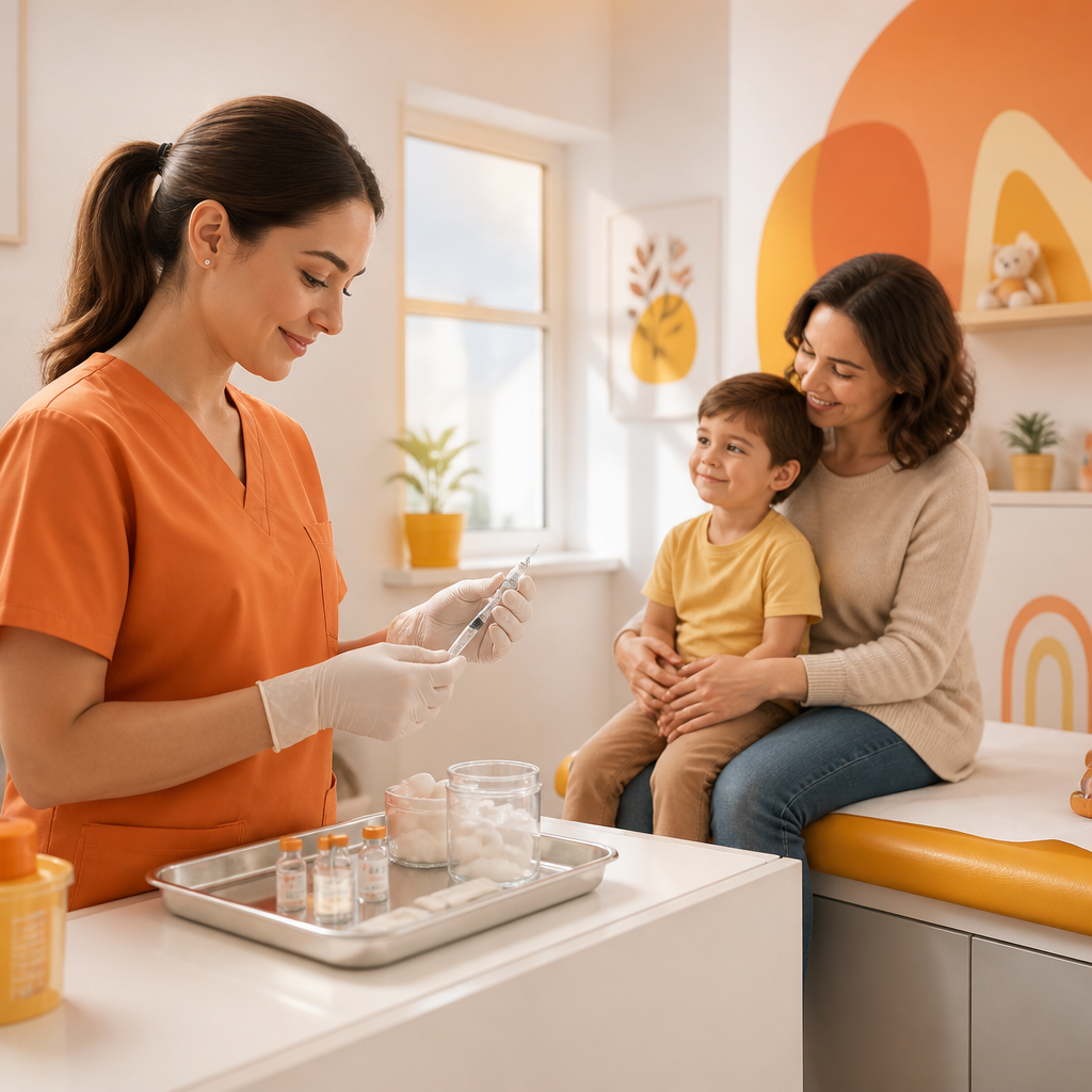 A bright pediatric exam room scene with healthcare supplies arranged on a tray and warm orange accents suggesting a calm same-day immunization visit.