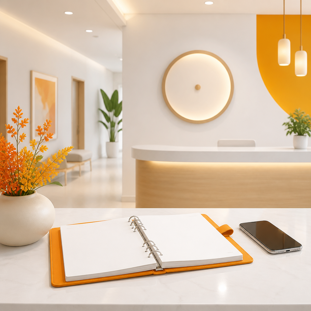 A clean clinic reception desk scene with an open binder and an unmarked clock conceptually representing same-day scheduling and walk-in options.