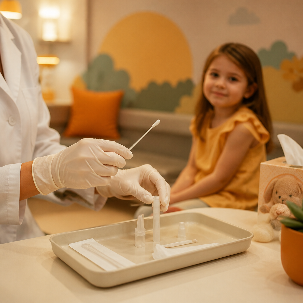 Gloved hands preparing a pediatric cold or flu test on a clean tray in a clinic room.