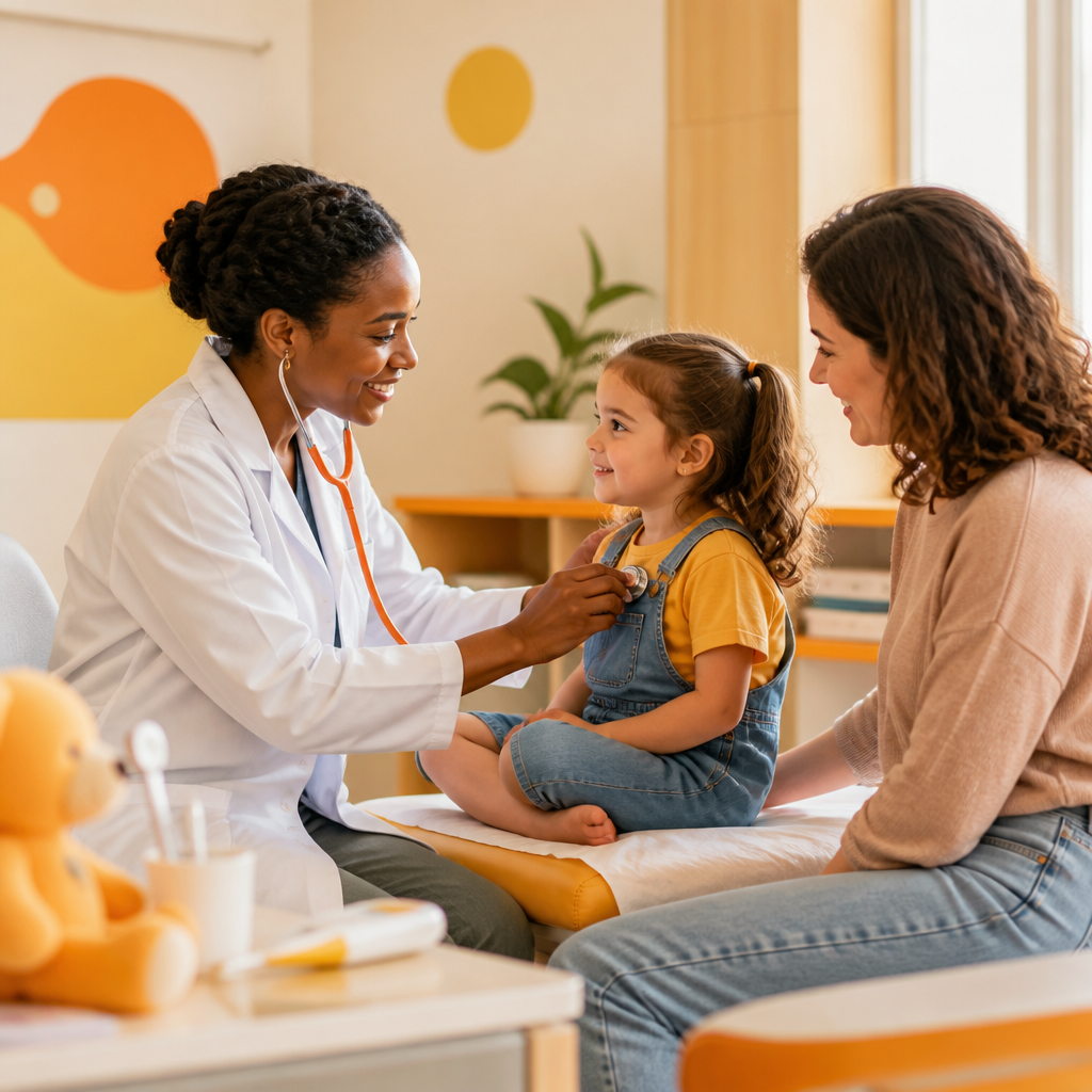 A pediatric clinician carefully checking a young child’s comfort in a bright exam room while a parent stands nearby.