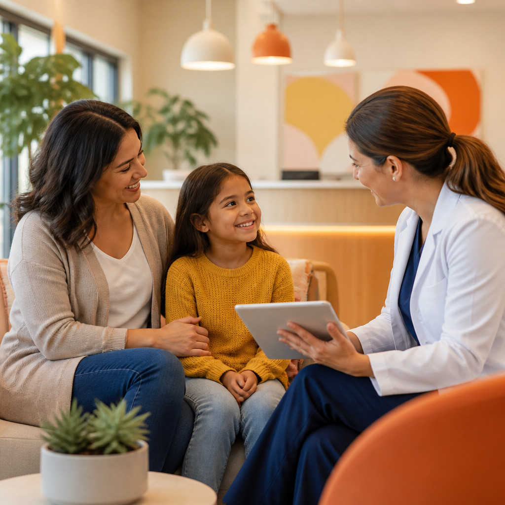 A family prepares to receive pediatric evaluation in a calm clinic setting with a clinician nearby and no visible text.