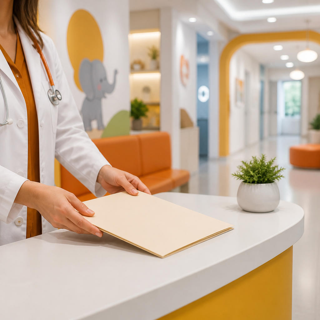 A modern pediatric clinic interior with orange and yellow design accents and a clinician placing a blank medical folder on a desk to represent school and sports physical services.