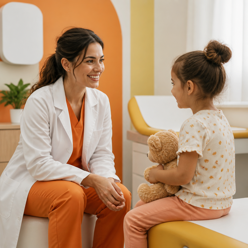 A supportive pediatric clinician reassuring a child during stress-free physical visit preparation in a bright exam room with no readable markings.