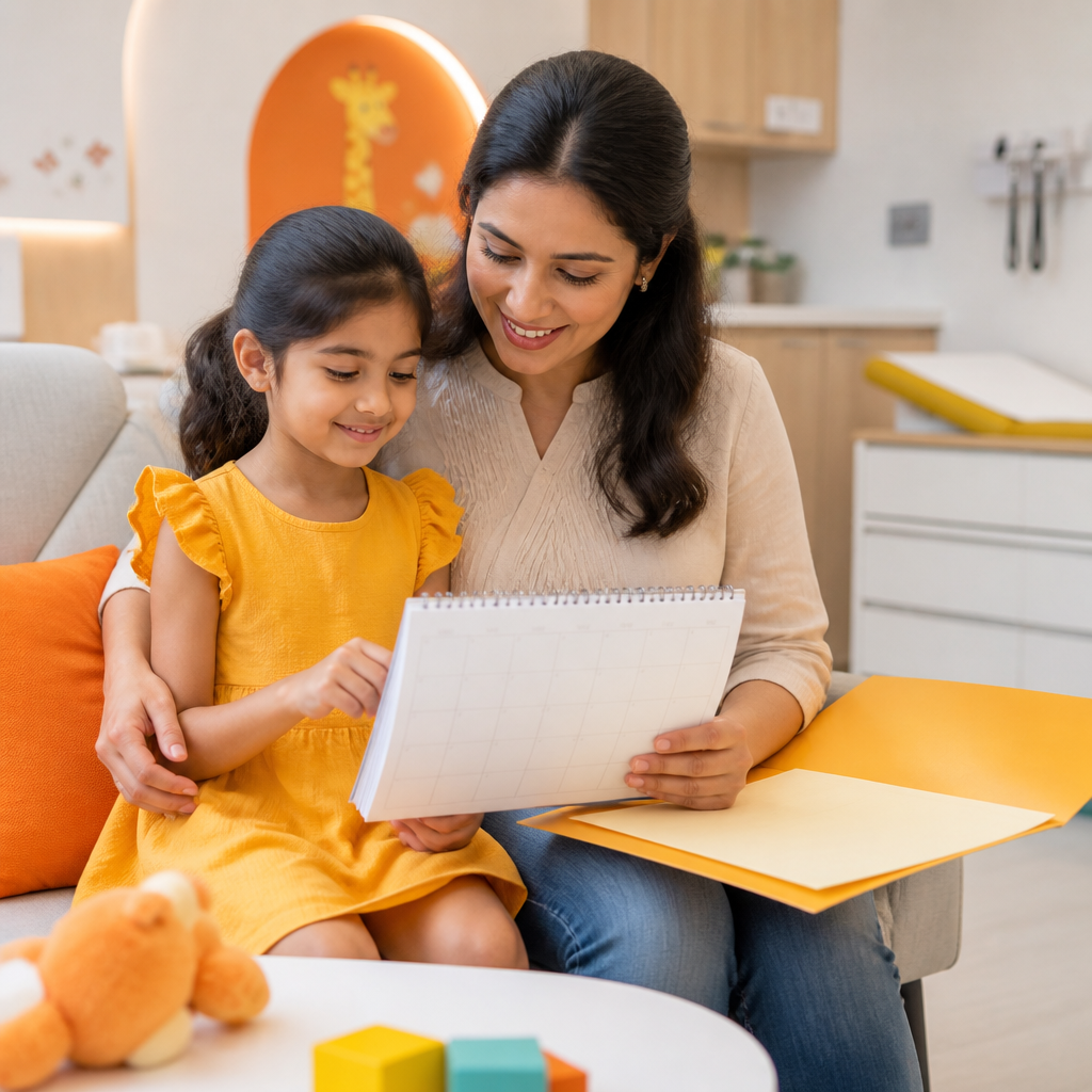 A calm pediatric clinic scene where a parent and child review a blank appointment calendar and paperwork in preparation for school physicals early.