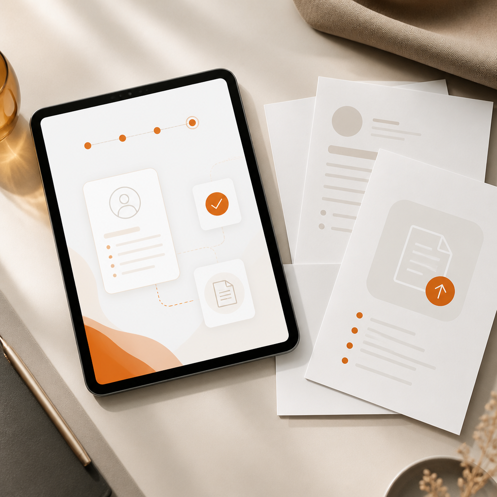 A tablet displaying abstract digital form fields without any readable text next to medical document pages in a clean modern editorial scene.