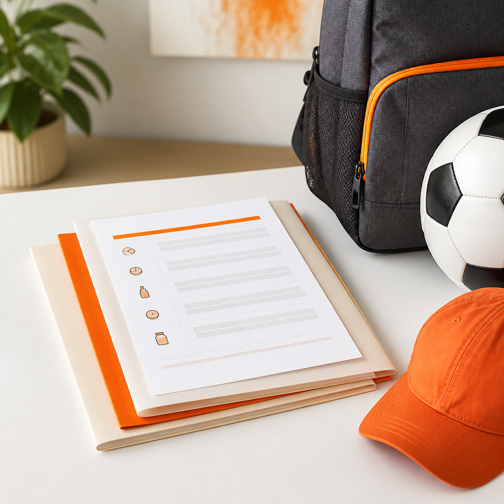 Organized paperwork for a child’s appointment with folders and a sports accessory on a clean desk, styled in warm editorial lighting.