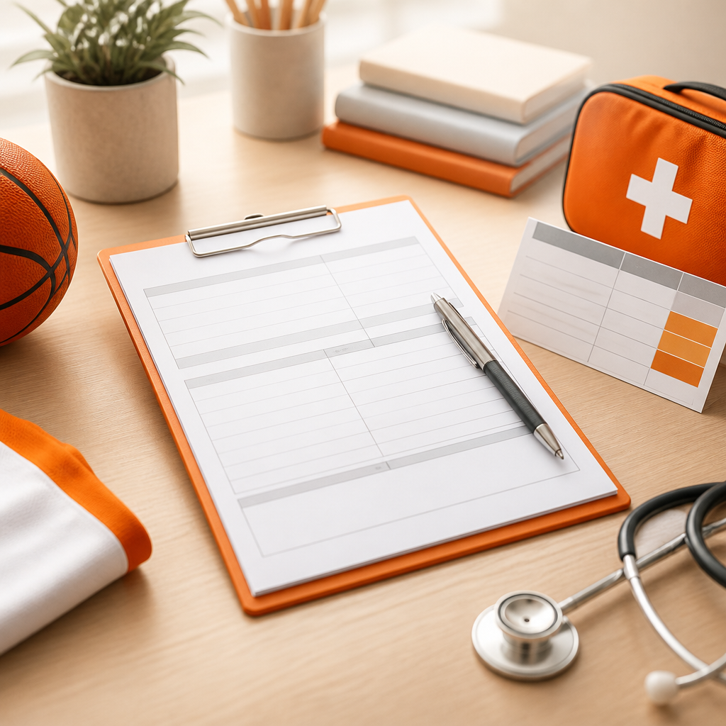 A neatly organized medical paperwork clipboard with a pen on a desk next to subtle school and sports related items in clean editorial lighting.
