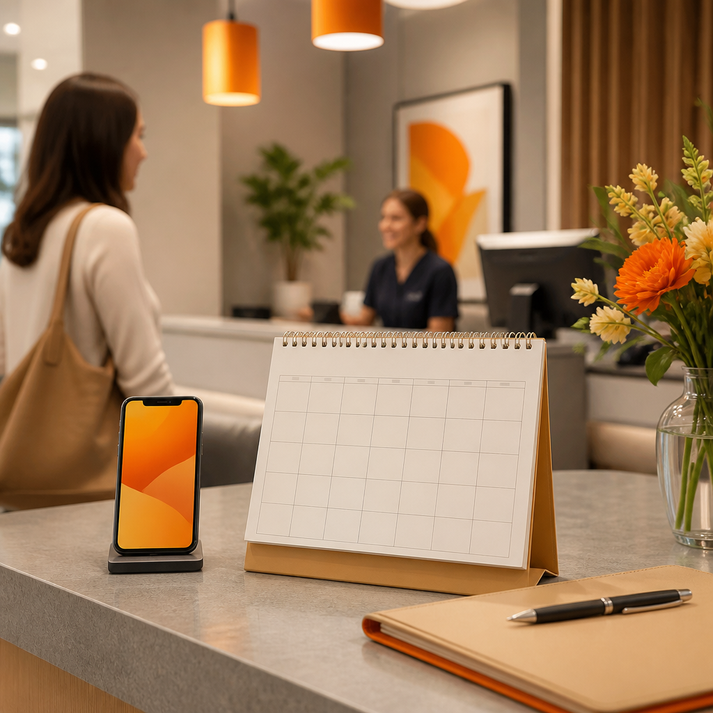 A clinic reception desk scene suggesting appointment scheduling and portal access with a blank calendar and phone glow in warm, brand-aligned orange tones