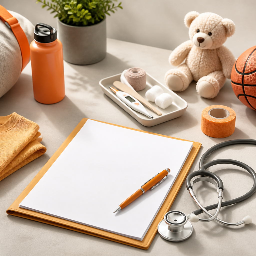 A neatly organized preparation scene with a blank paperwork folder, stethoscope, and medical items on a clean tabletop with subtle orange accents