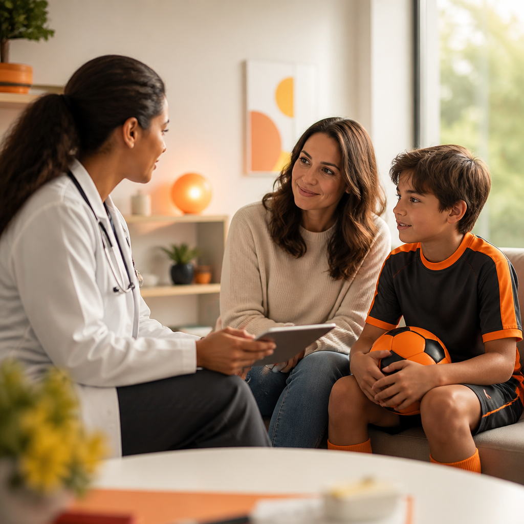 A pediatric clinician reviewing health check details with a parent while a child in sports clothing stands nearby in a bright, calm clinic setting