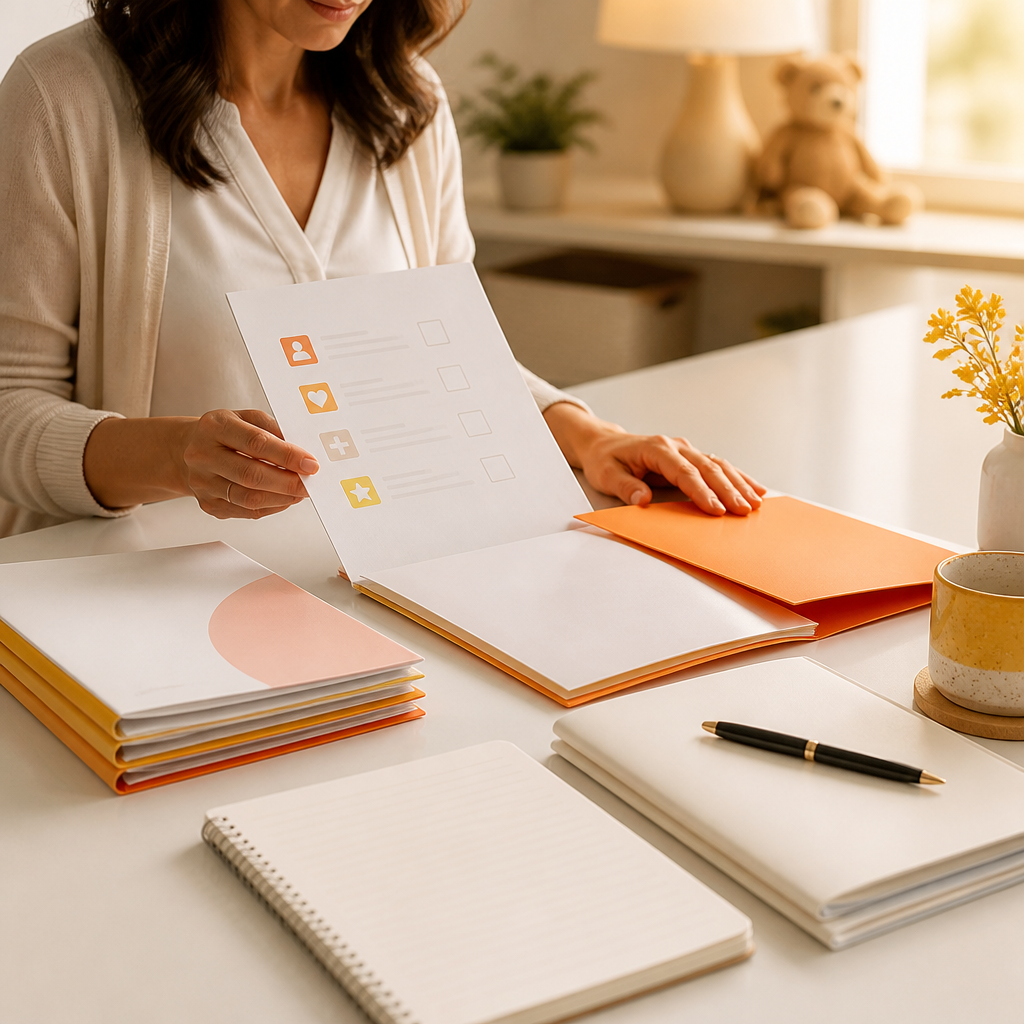 A parent organizing blank, non-text appointment preparation materials on a desk with a notepad and neatly arranged folders.