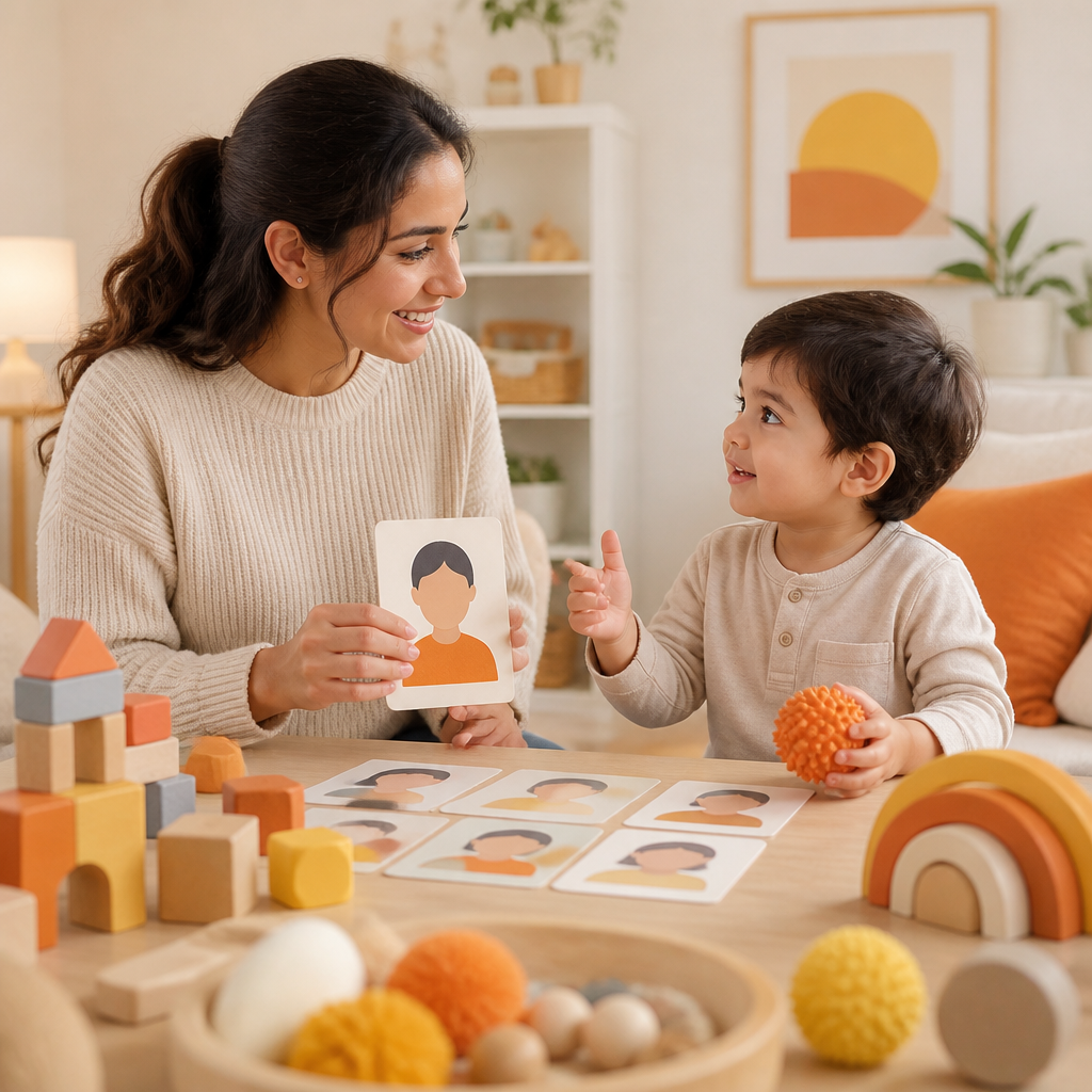 A parent and child at home engaging with development-focused toys and learning materials in a warm, calm environment.
