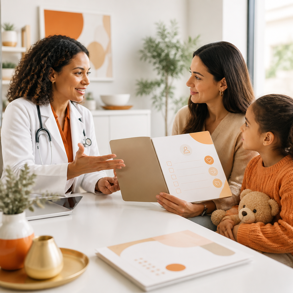 A clinician and parent reviewing developmental visit materials in a bright pediatric consultation room with a child present.