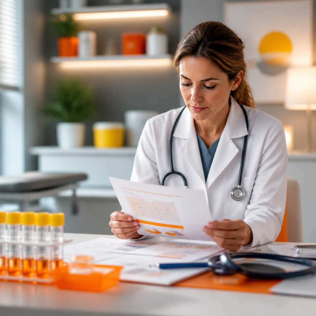 A clinician in a modern exam room reviews clinical materials beside laboratory supplies and a stethoscope, with warm orange accent lighting.