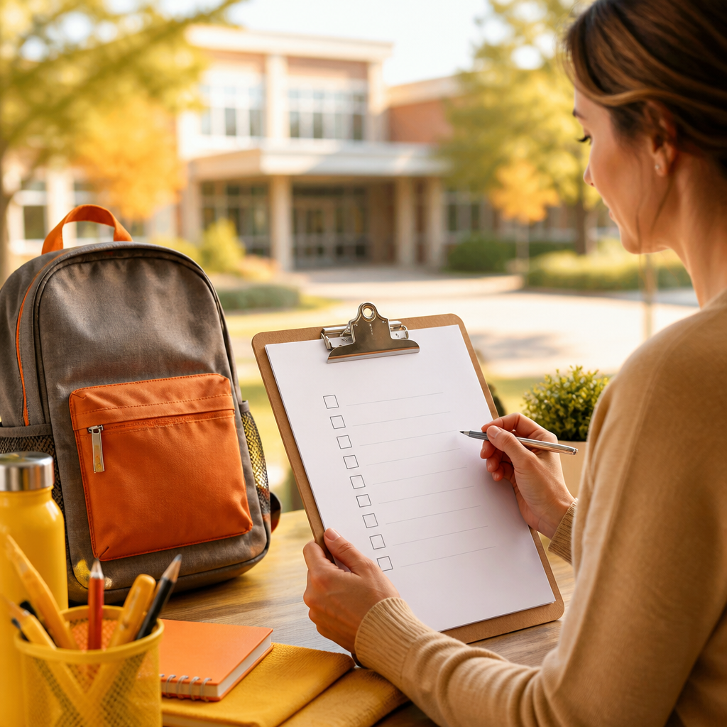 A parent reviews a blank checklist on a clipboard at a desk with a school backpack nearby and a softly blurred school background.