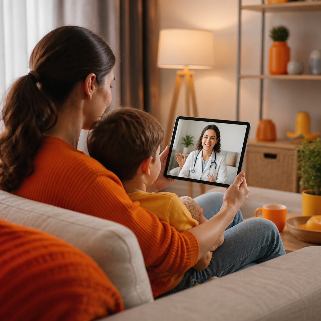 A parent participates in a pediatric telemedicine video visit on a tablet in a bright, calm home setting with warm orange accents.