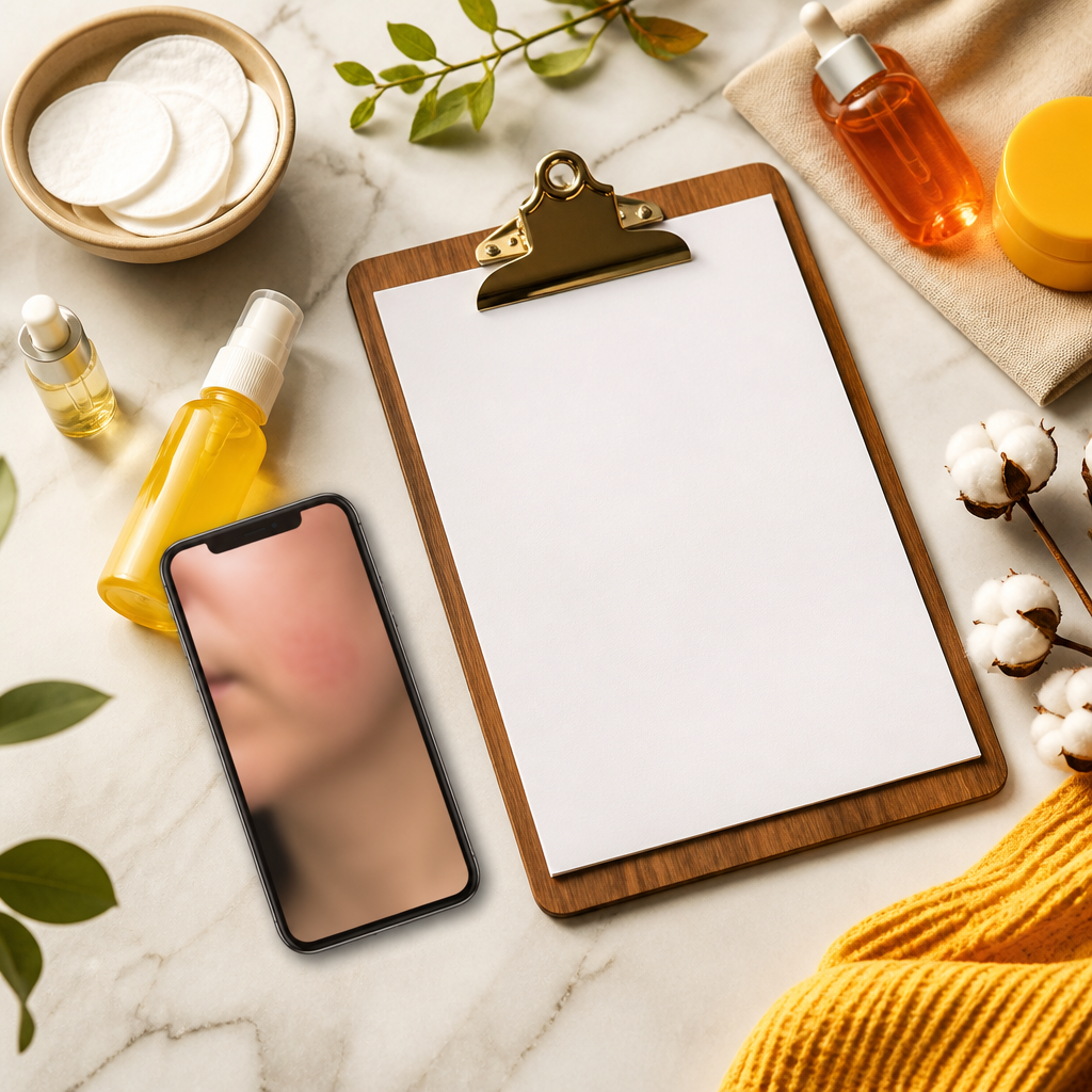 A top-down flat lay showing a smartphone setup for taking skin photos, blank paper, and neatly arranged gentle skincare items.