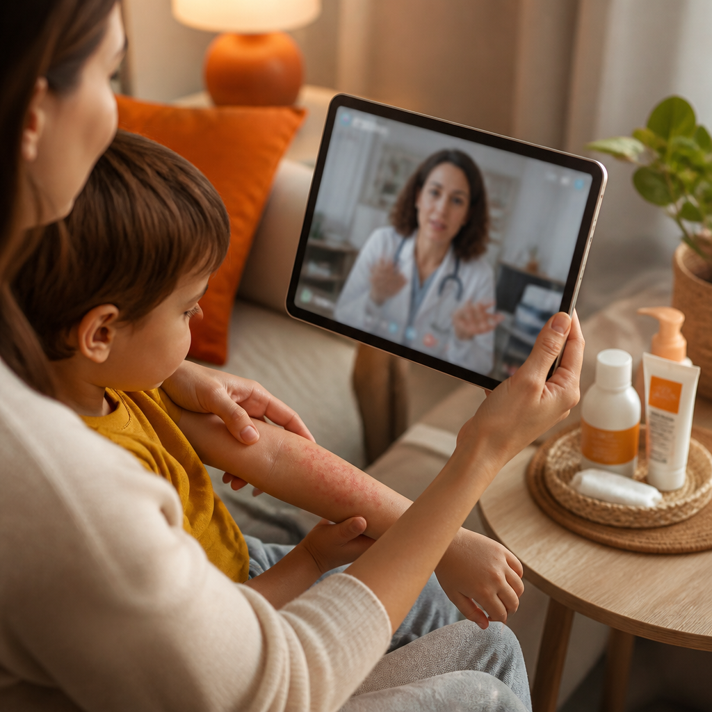A parent holding a tablet during a telemedicine visit while pediatric skin-care supplies sit on a table nearby.
