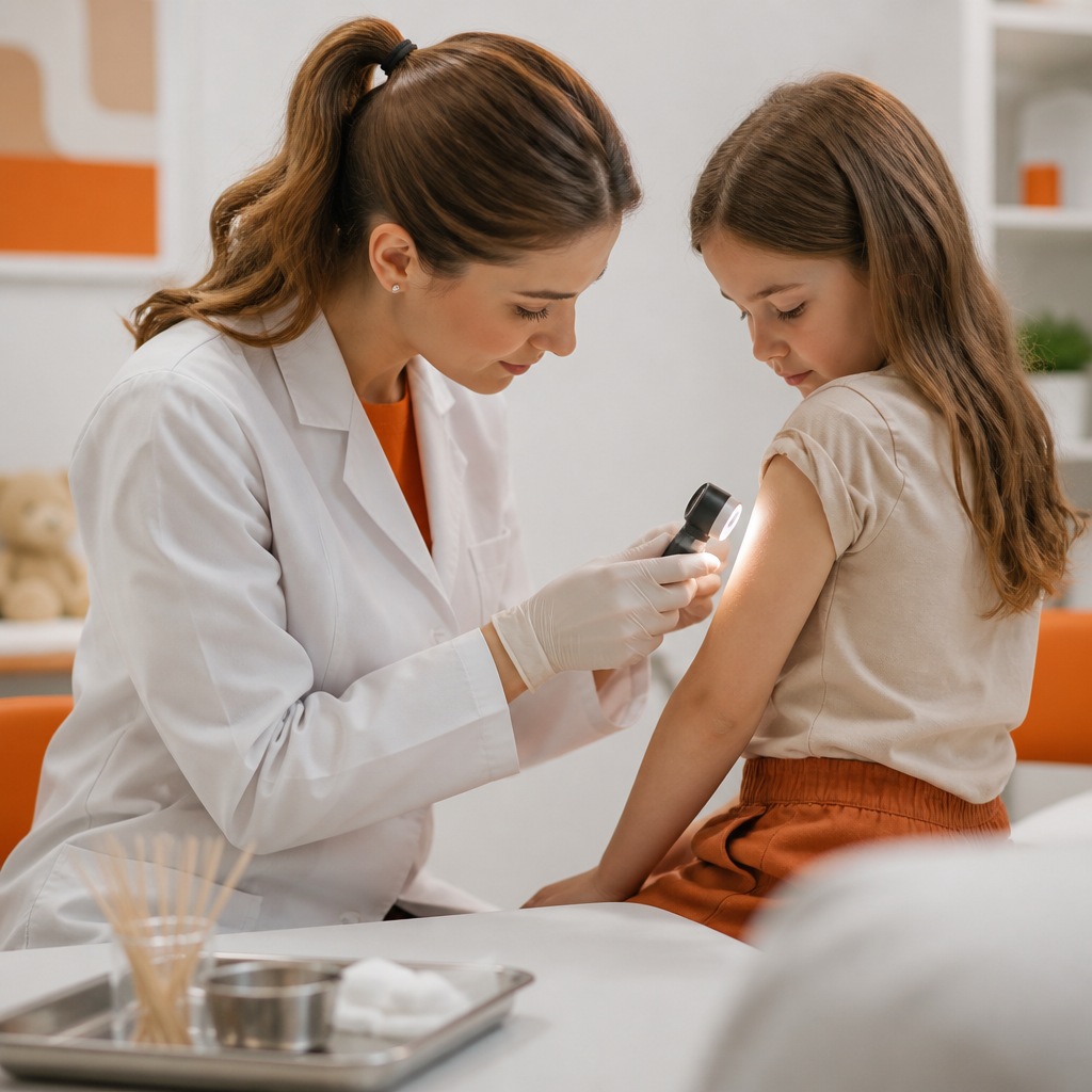 A pediatric clinician examining a child’s skin in an exam room with a dermatoscope light and medical supplies on a tray.