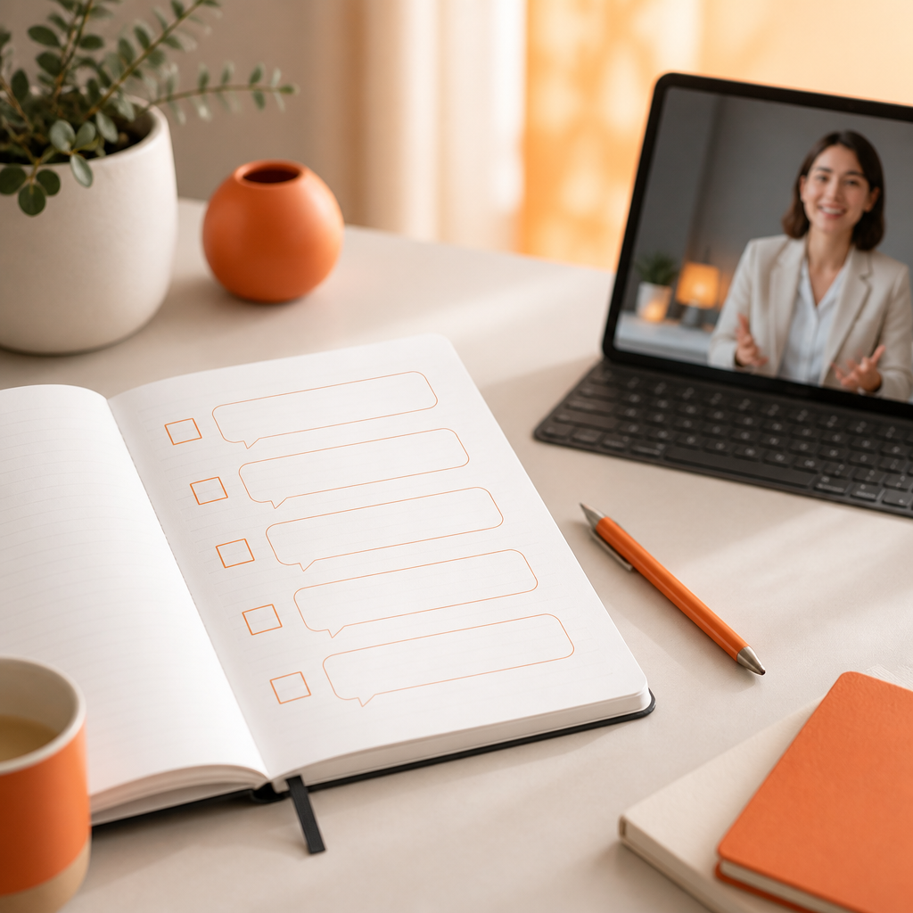 An open notebook with blank check-box style placeholders and speech-bubble shapes alongside a device suggests preparing questions for a virtual results discussion.
