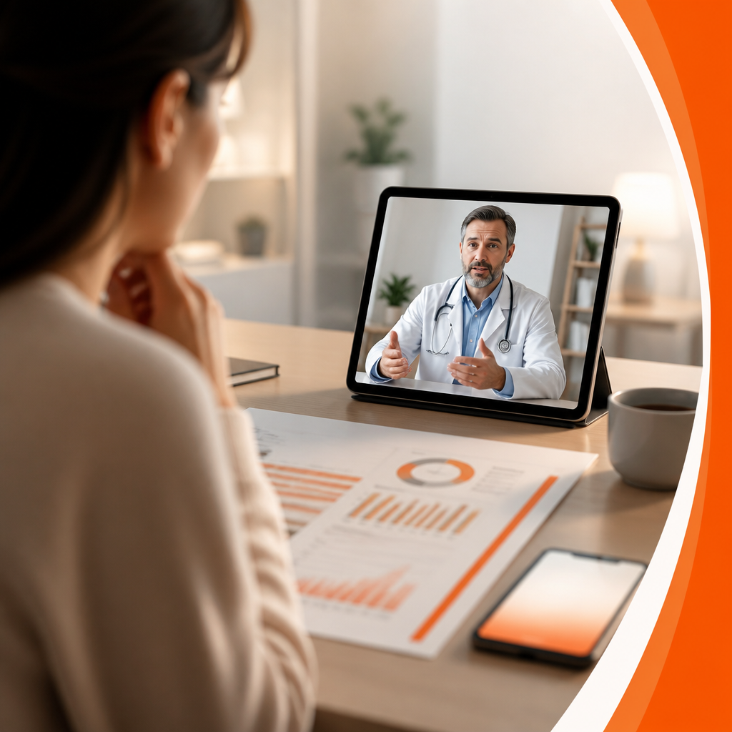 An abstract lab report and device glow suggest reviewing test results during a virtual visit, with an orange accent implying attention to urgent findings.