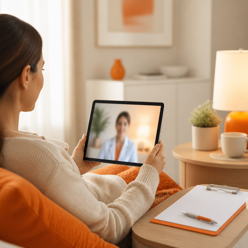 A parent holding a tablet for a video visit, with a pen and clipboard nearby in a warm, clinic-at-home setting that conveys virtual results review.