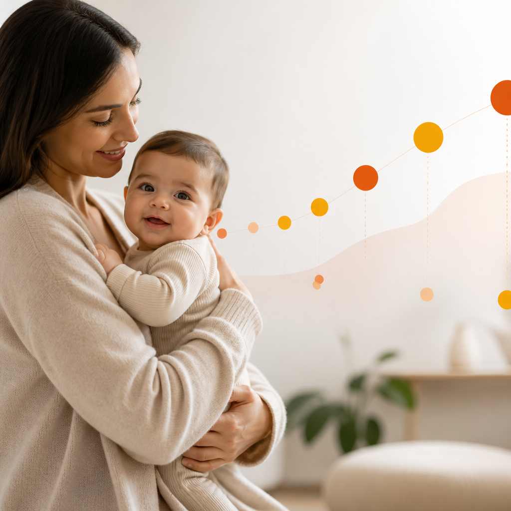 A parent holding a baby with a soft, colorful milestone timeline visual metaphor in the background using orange and yellow brand accents, without any readable text.