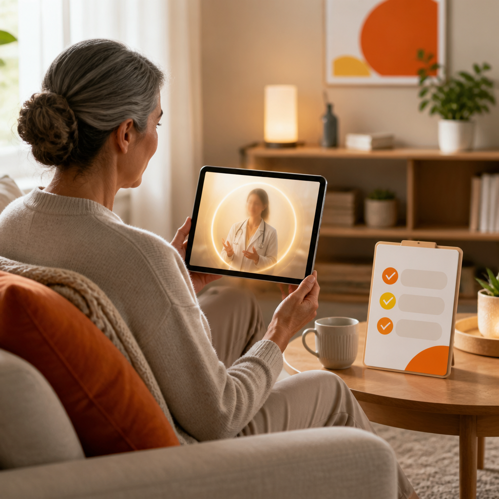 A caregiver using a tablet for a telemedicine-style video visit with a clinician shown only as an abstract glow, and blank appointment-style shapes in brand orange and yellow, with no readable text.