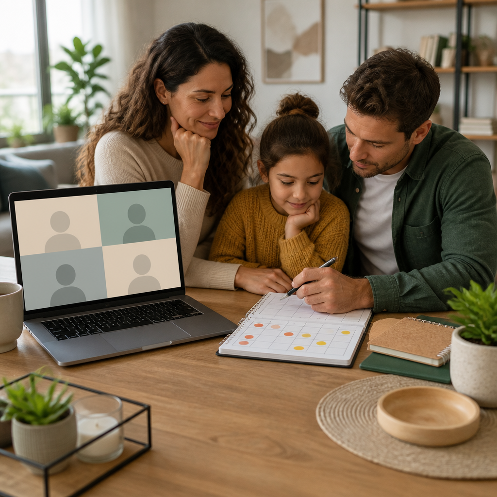 A family desk scene with a laptop showing an abstract non-readable video-call layout and a notepad with blank grids and orange/yellow dot markers, suggesting organized next steps without any readable text.
