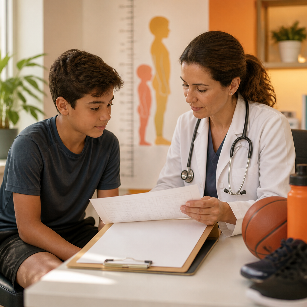 Clinician reviewing blank school sports physical paperwork next to a child’s immunization record during a pediatric visit