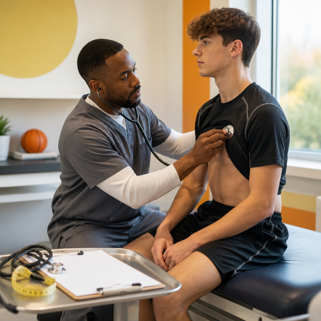 Healthcare provider preparing and reviewing blank documentation during a pediatric school sports physical exam
