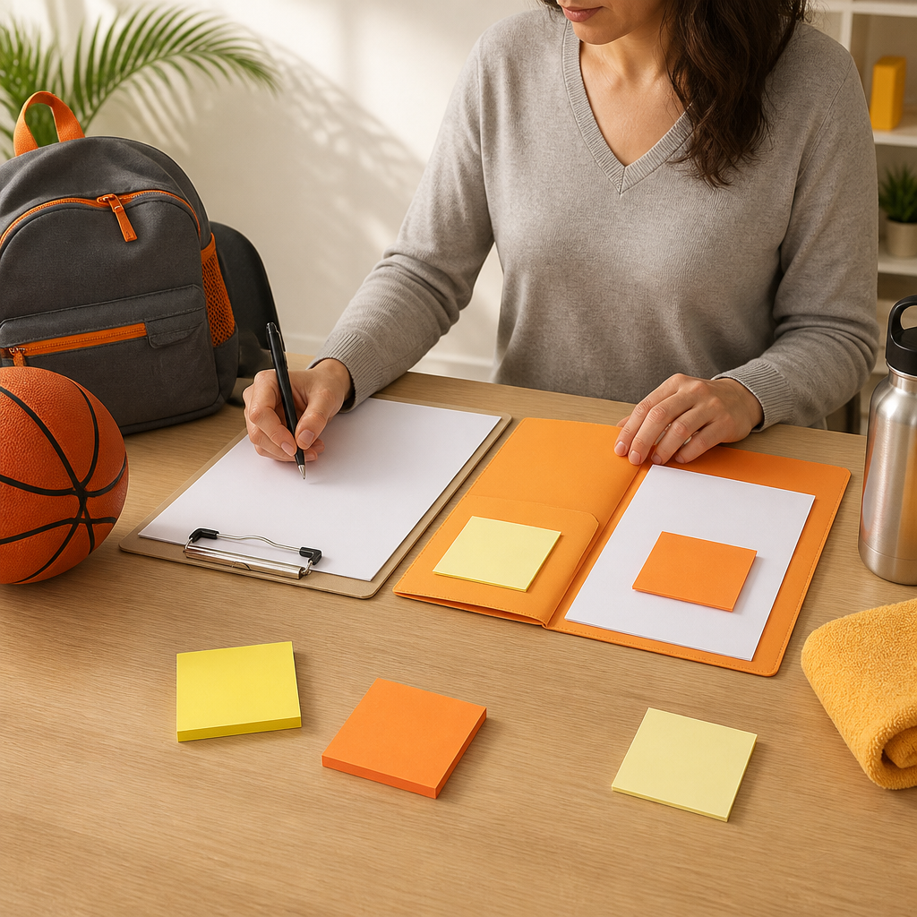 Parent planning a child’s school and sports physical by organizing blank forms and sports items on a desk