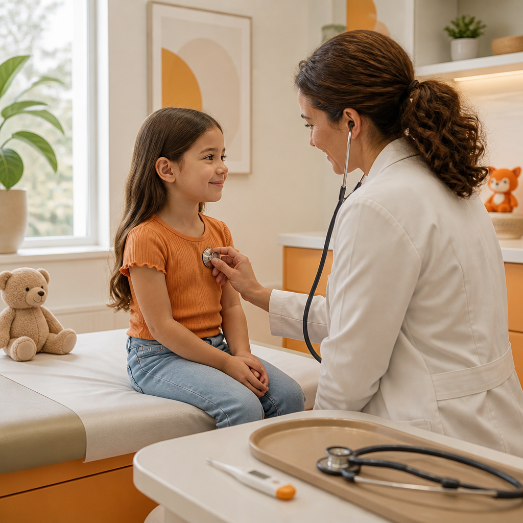 A pediatric clinician examining a child in a clean exam room during a visit for acute cold and flu symptoms.