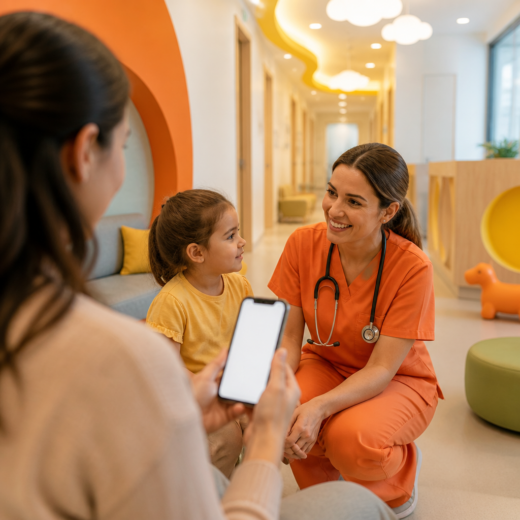 A parent holding a smartphone while a pediatric clinician prepares for a same-day visit in a bright clinic hallway.