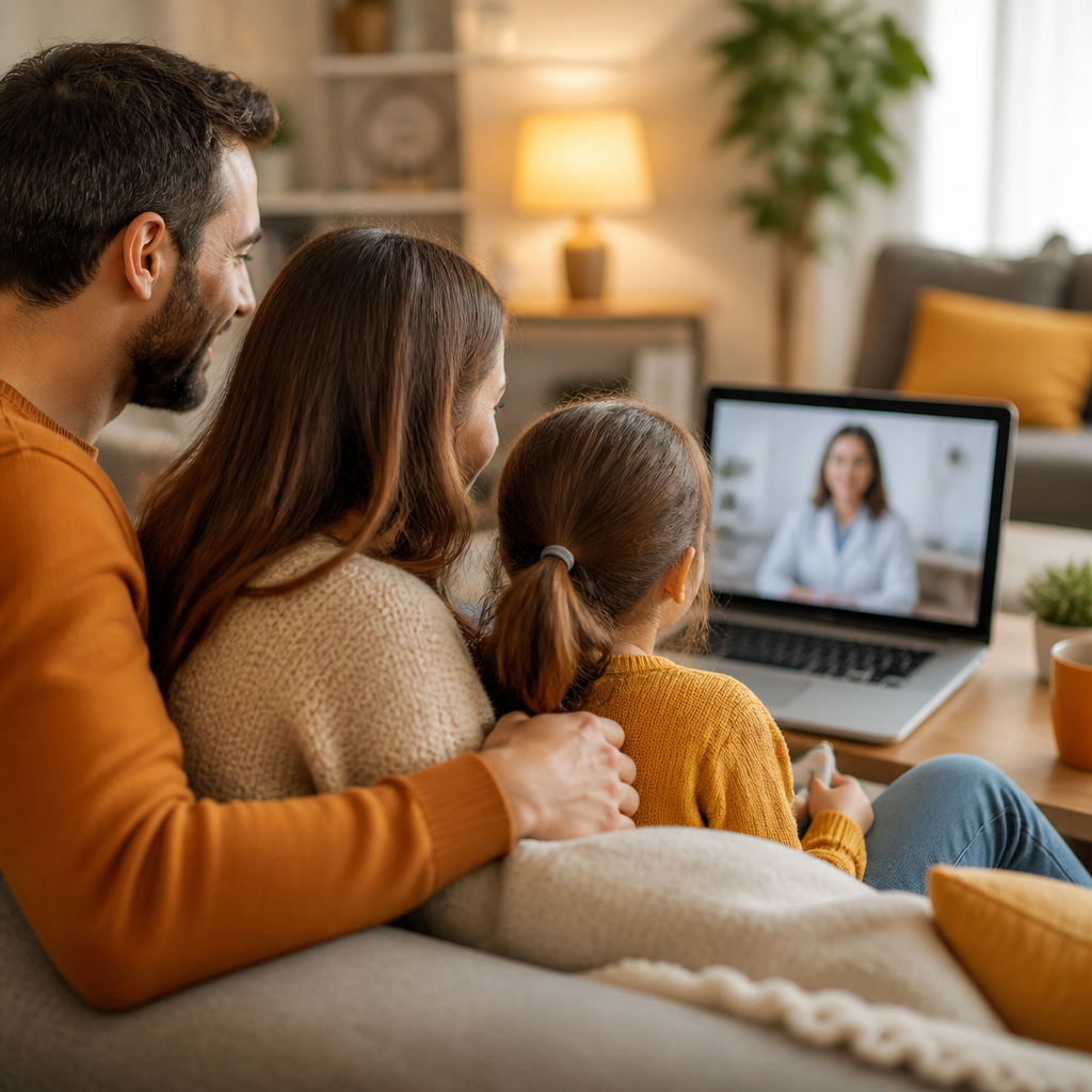 A family using a laptop for a telemedicine video visit in a calm home setting with no readable on-screen text.